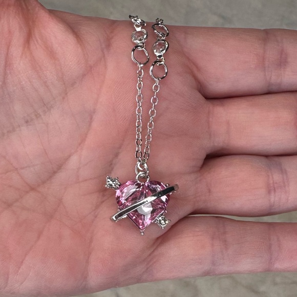 Elegant Silver and Pink Heart Necklace on silver 9” delicate chain - Picture 3 of 4